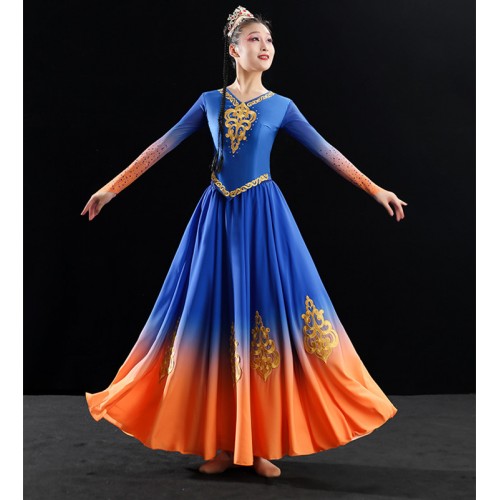 Royal blue with orange Xinjiang dance dresses chinese folk dance costumes Uighur opening dance big swing skirt for women